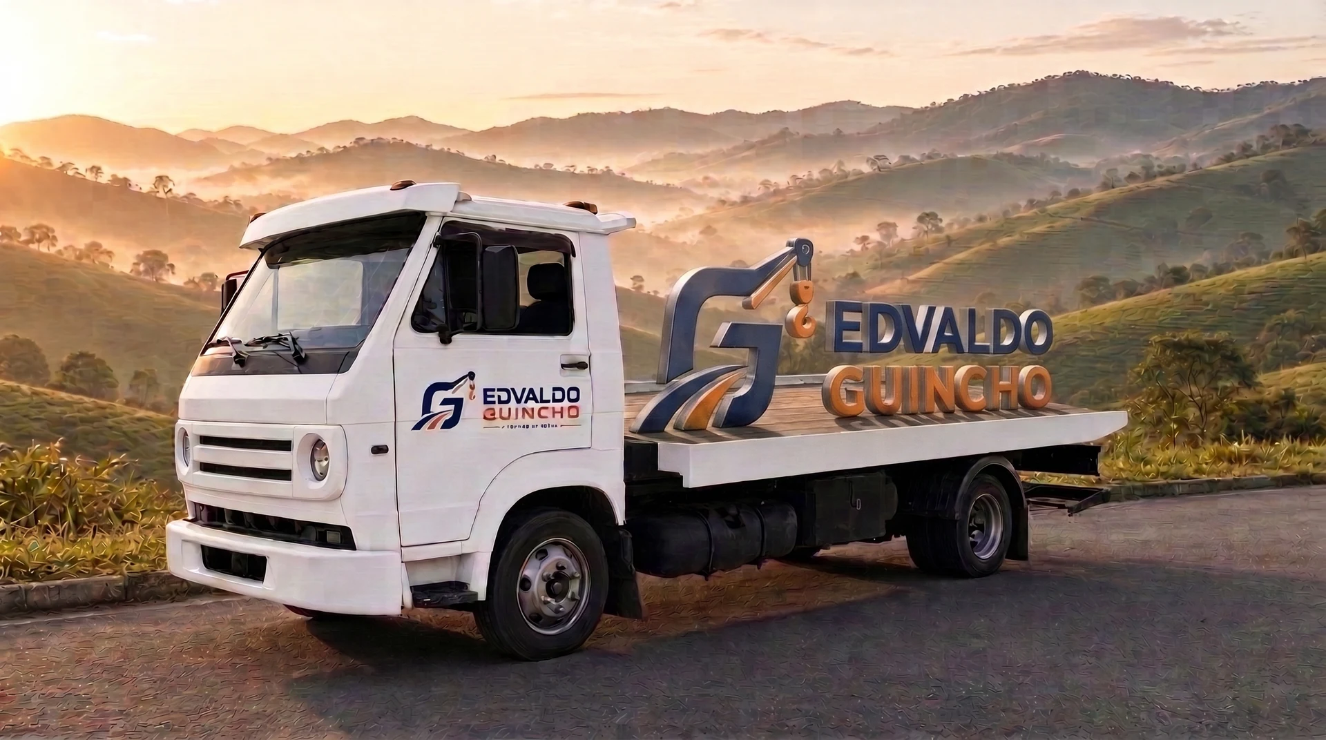 Imagem de divulgação do guincho branco com a marca Edvaldo Guincho em destaque na plataforma, diante das montanhas ao amanhecer